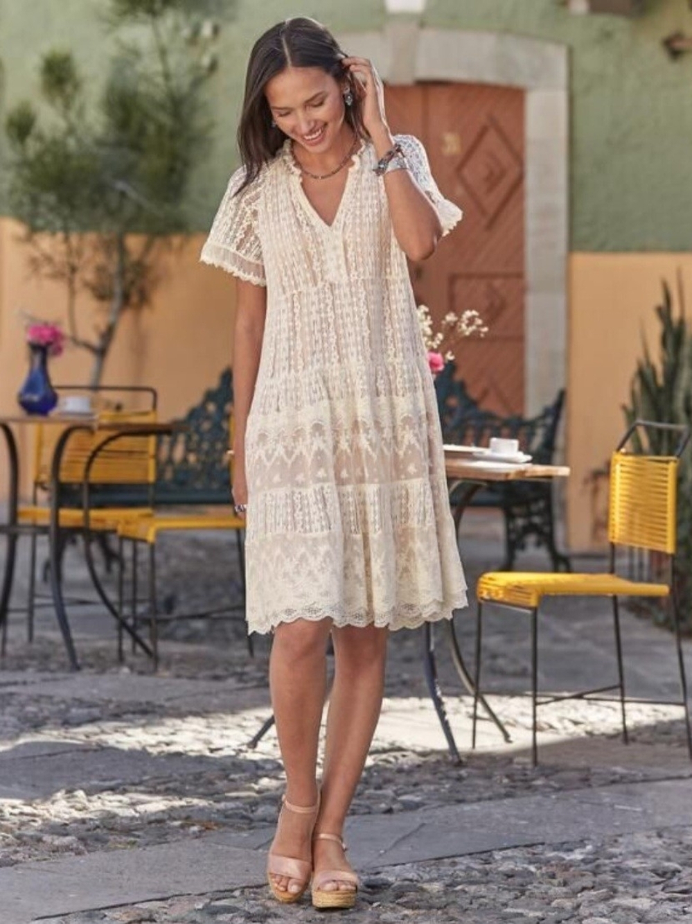 Sundance Sweep Of Lace Dress Women's M Beige Tiered Lined Sheer Romantic Y2K